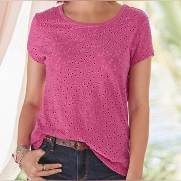 Sundance Pink All About Eyelet Embroidered Scoop Neck Short Sleeve T-Shirt EUC S - Picture 1 of 9